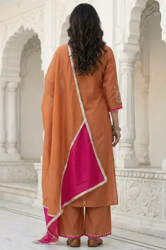 Peach Mal Chanderi Dupatta and Palazzo Set with Gota Work details on neck and sleeves Set of 3