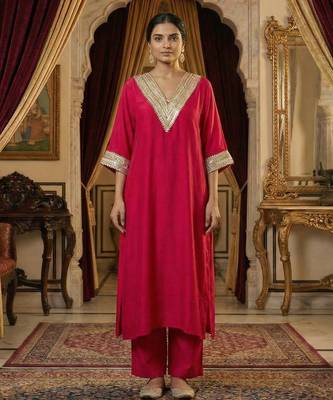 Cherry Red Pure Silk Kaftan Kurta and Pant with Gota Lace Detail on Neck & Sleeves Set of 2 1