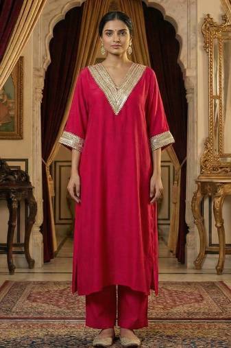 Cherry Red Pure Silk Kaftan Kurta and Pant with Gota Lace Detail on Neck & Sleeves Set of 2