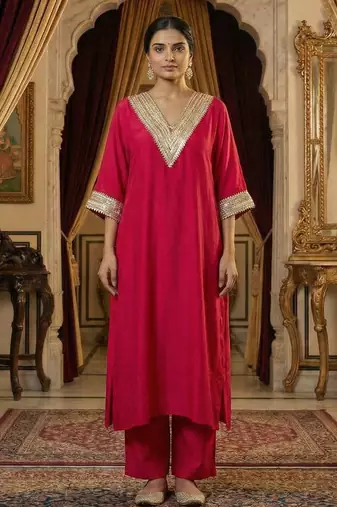 Cherry Red Pure Silk Kaftan Kurta and Pant with Gota Lace Detail on Neck & Sleeves Set of 2