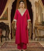 Cherry Red Pure Silk Kaftan Kurta and Pant with Gota Lace Detail on Neck & Sleeves Set of 2