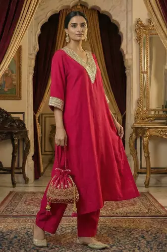 Cherry Red Pure Silk Kaftan Kurta and Pant with Gota Lace Detail on Neck & Sleeves Set of 2
