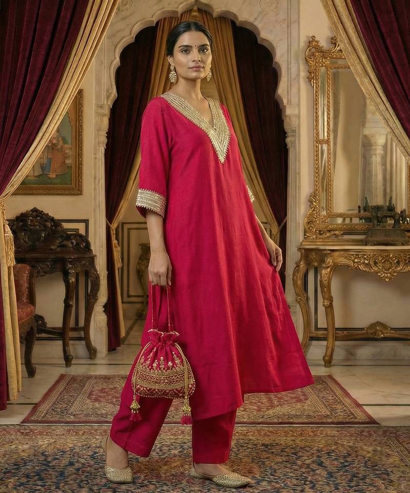 Cherry Red Pure Silk Kaftan Kurta and Pant with Gota Lace Detail on Neck & Sleeves Set of 2