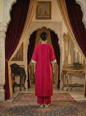 Cherry Red Pure Silk Kaftan Kurta and Pant with Gota Lace Detail on Neck & Sleeves Set of 2 3