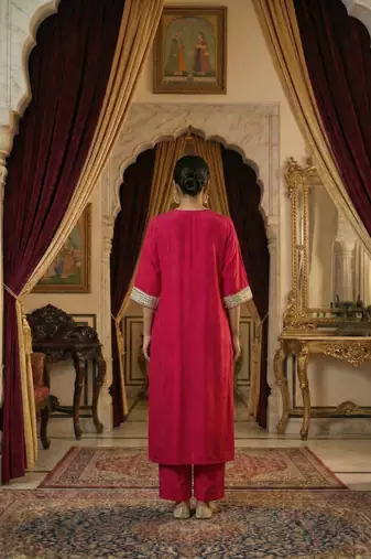 Cherry Red Pure Silk Kaftan Kurta and Pant with Gota Lace Detail on Neck & Sleeves Set of 2