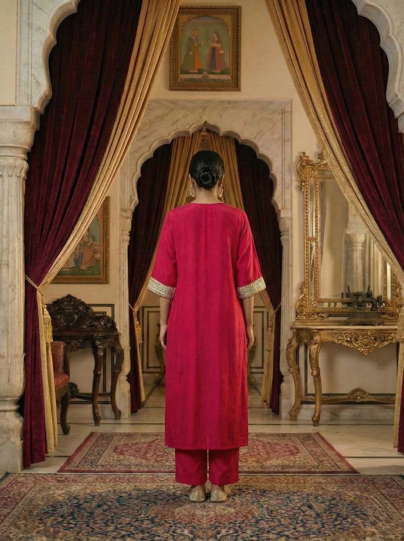 Cherry Red Pure Silk Kaftan Kurta and Pant with Gota Lace Detail on Neck & Sleeves Set of 2