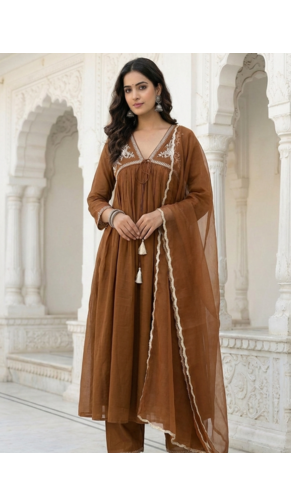 Brown Mal Chanderi Embroidered Yoke Gathered Detail Kurta with Organza Dupatta & Cotton Pant Set of 3 1