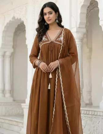 Brown Mal Chanderi Embroidered Yoke Gathered Detail Kurta with Organza Dupatta & Cotton Pant Set of 3