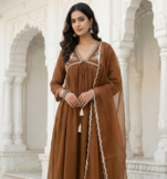 Brown Mal Chanderi Embroidered Yoke Gathered Detail Kurta with Organza Dupatta & Cotton Pant Set of 3