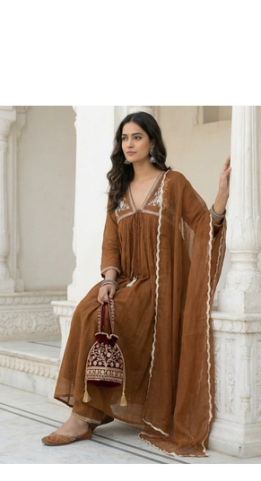 Brown Mal Chanderi Embroidered Yoke Gathered Detail Kurta with Organza Dupatta & Cotton Pant Set of 3 2
