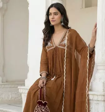 Brown Mal Chanderi Embroidered Yoke Gathered Detail Kurta with Organza Dupatta & Cotton Pant Set of 3