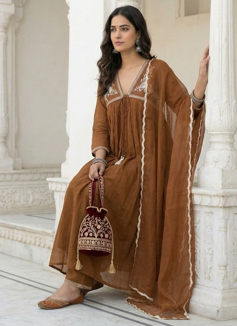 Brown Mal Chanderi Embroidered Yoke Gathered Detail Kurta with Organza Dupatta & Cotton Pant Set of 3