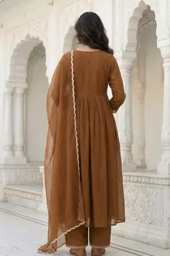 Brown Mal Chanderi Embroidered Yoke Gathered Detail Kurta with Organza Dupatta & Cotton Pant Set of 3