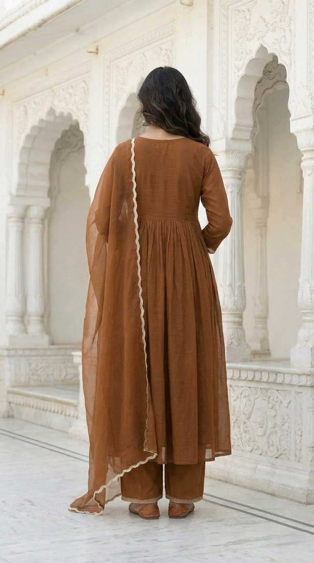 Brown Mal Chanderi Embroidered Yoke Gathered Detail Kurta with Organza Dupatta & Cotton Pant Set of 3