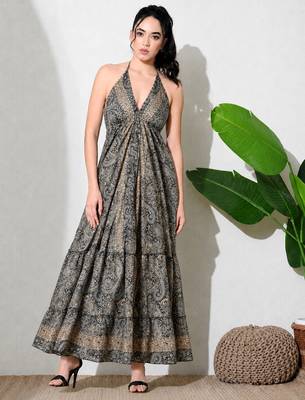 women's printed halter neck anarkali maxi dress , printed poly muslin 1