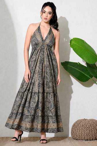 women's printed halter neck anarkali maxi dress , printed poly muslin