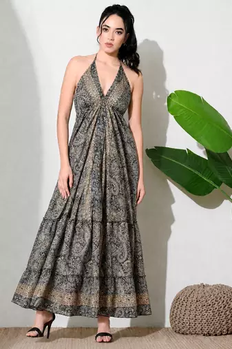 women's printed halter neck anarkali maxi dress , printed poly muslin