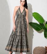women's printed halter neck anarkali maxi dress , printed poly muslin