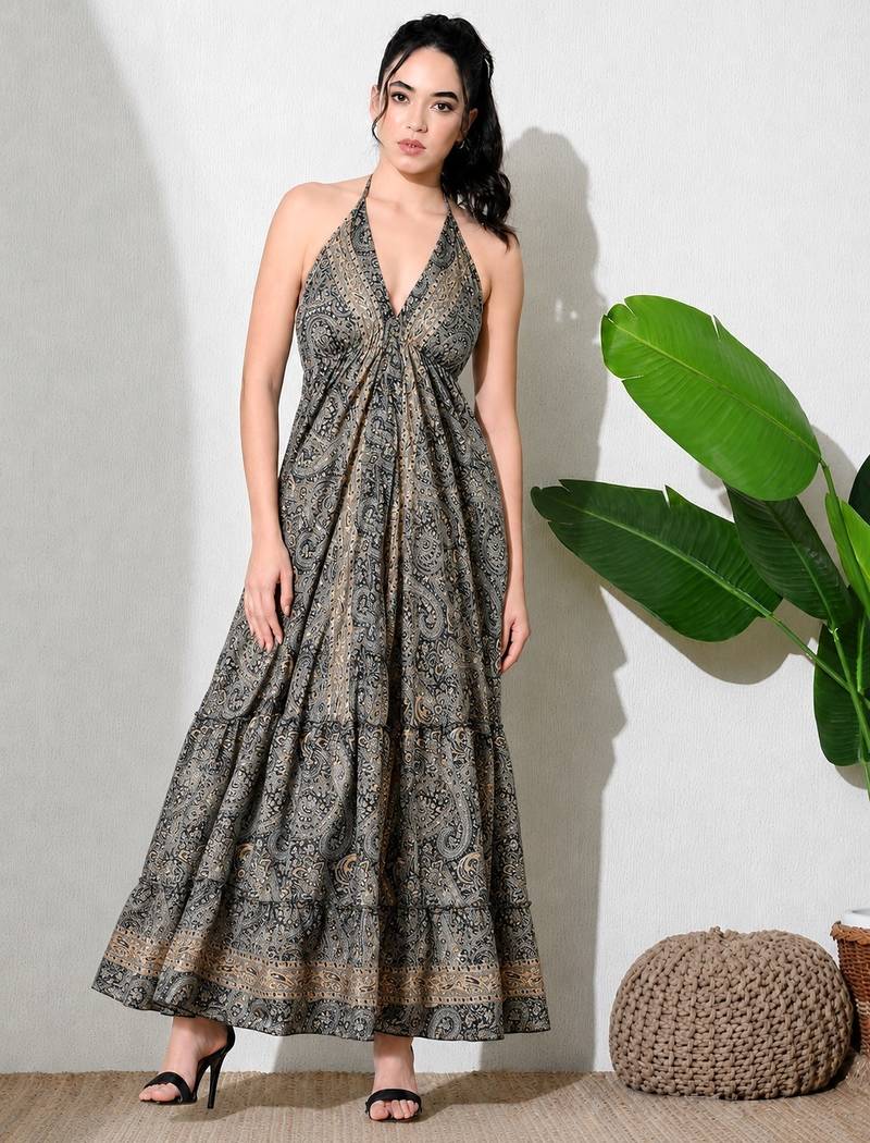 women's printed halter neck anarkali maxi dress , printed poly muslin