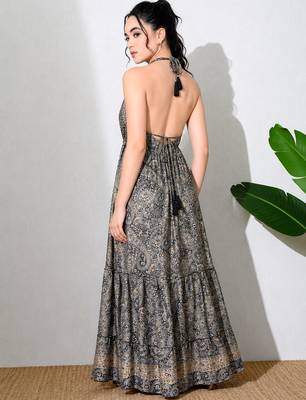 women's printed halter neck anarkali maxi dress , printed poly muslin 2
