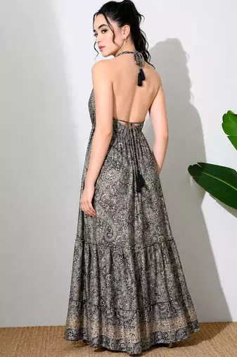 women's printed halter neck anarkali maxi dress , printed poly muslin
