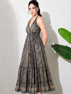 women's printed halter neck anarkali maxi dress , printed poly muslin 3