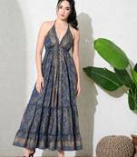 women's printed halter neck anarkali maxi dress printed poly muslin