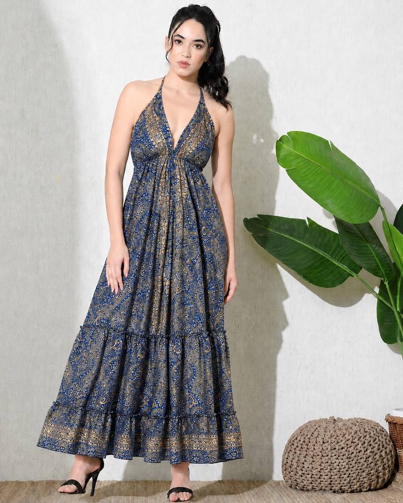 women's printed halter neck anarkali maxi dress printed poly muslin