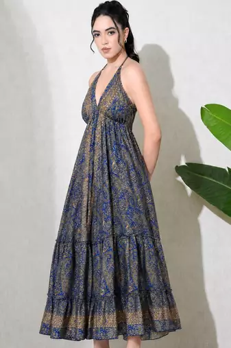 women's printed halter neck anarkali maxi dress printed poly muslin