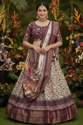 Wine Purple & Cream Cotton Silk Lehenga Set with Multicolor Floral Print and Zari Weaving Border For Women's
