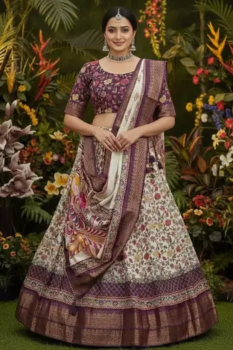 Wine Purple & Cream Cotton Silk Lehenga Set with Multicolor Floral Print and Zari Weaving Border For Women's