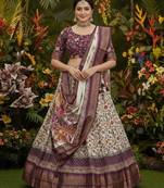 Wine Purple & Cream Cotton Silk Lehenga Set with Multicolor Floral Print and Zari Weaving Border For Women's