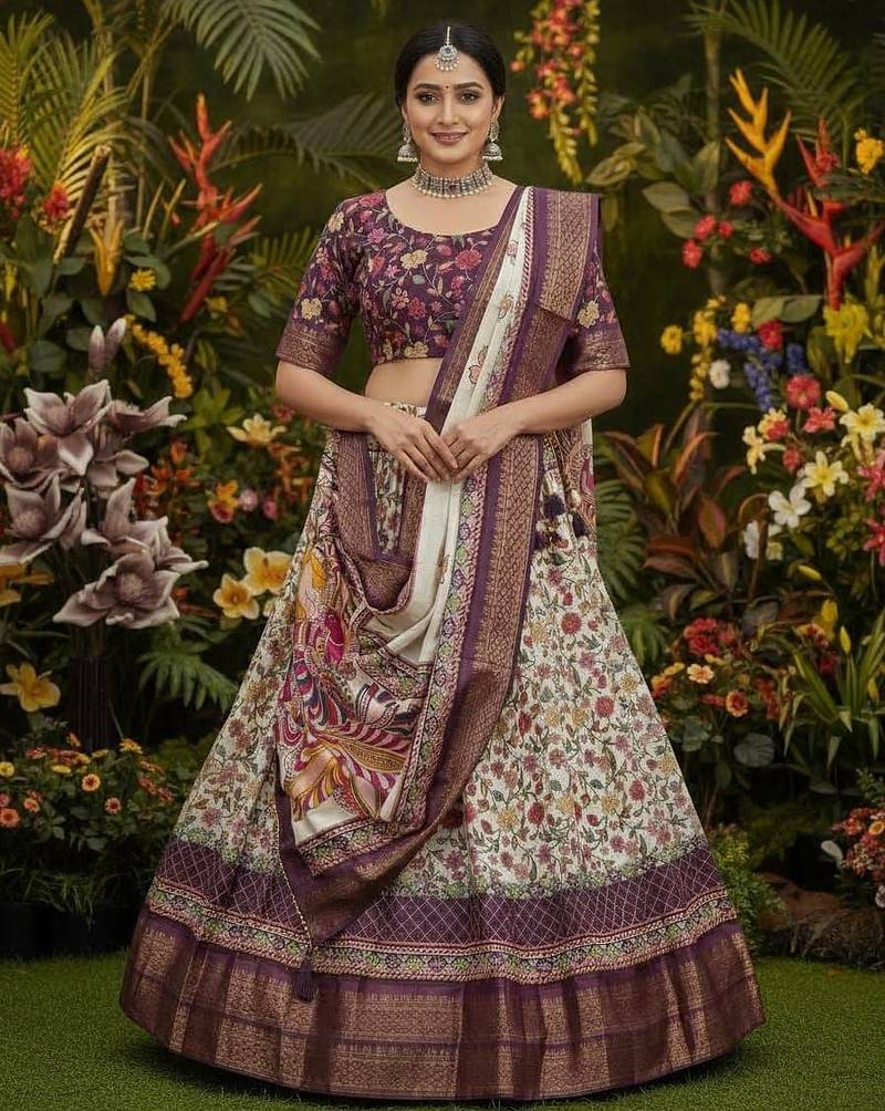Wine Purple & Cream Cotton Silk Lehenga Set with Multicolor Floral Print and Zari Weaving Border For Women's