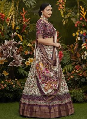 Wine Purple & Cream Cotton Silk Lehenga Set with Multicolor Floral Print and Zari Weaving Border For Women's 2