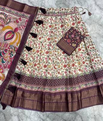 Wine Purple & Cream Cotton Silk Lehenga Set with Multicolor Floral Print and Zari Weaving Border For Women's 3