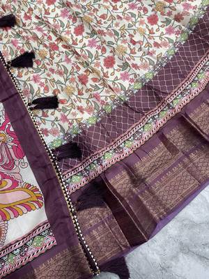 Wine Purple & Cream Cotton Silk Lehenga Set with Multicolor Floral Print and Zari Weaving Border For Women's 4