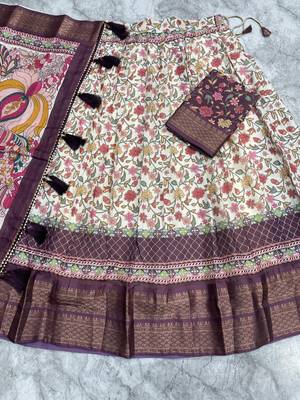 Wine Purple & Cream Cotton Silk Lehenga Set with Multicolor Floral Print and Zari Weaving Border For Women's 6