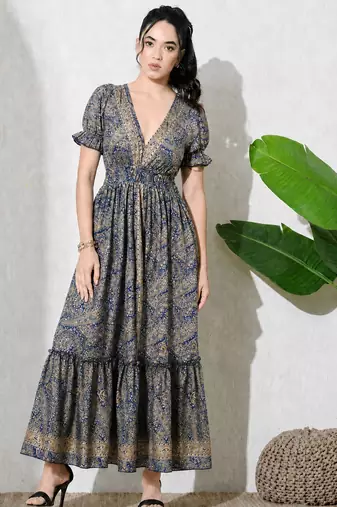 women's printed halter neck anarkali maxi dress , printed poly muslin