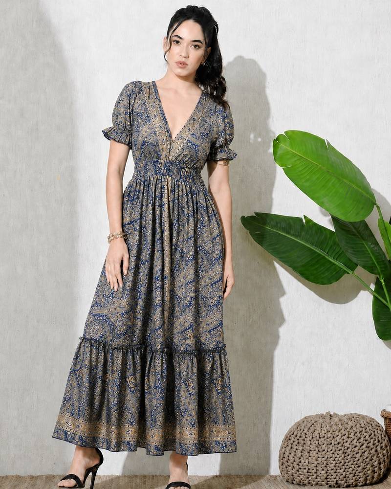 women's printed halter neck anarkali maxi dress , printed poly muslin