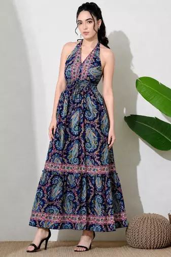 women's printed halter neck anarkali maxi dress , printed poly muslin