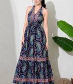 women's printed halter neck anarkali maxi dress , printed poly muslin