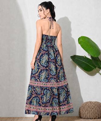 women's printed halter neck anarkali maxi dress , printed poly muslin 2
