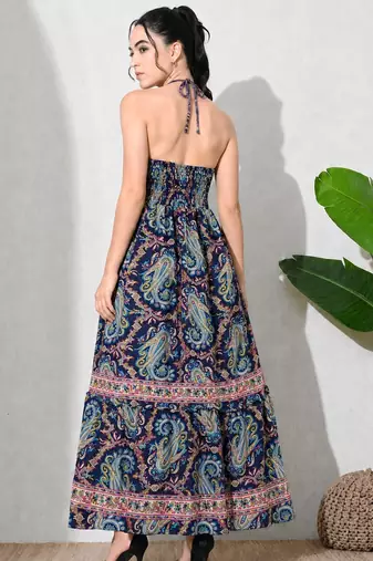 women's printed halter neck anarkali maxi dress , printed poly muslin