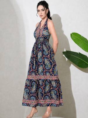 women's printed halter neck anarkali maxi dress , printed poly muslin 3
