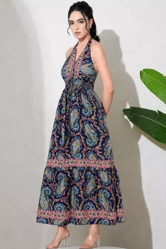 women's printed halter neck anarkali maxi dress , printed poly muslin