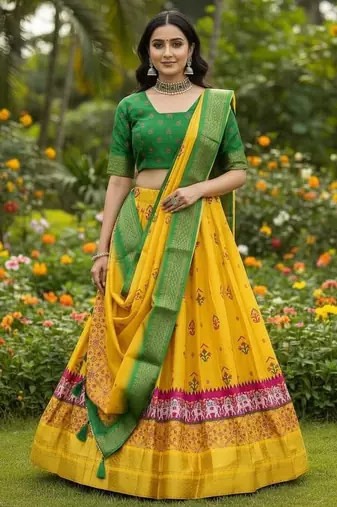 Mustard Yellow & Parrot Green Cotton Silk Lehenga Set with Traditional Print and Zari Weaving Border For Women's