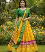 Mustard Yellow & Parrot Green Cotton Silk Lehenga Set with Traditional Print and Zari Weaving Border For Women's