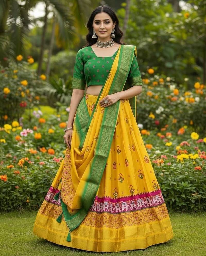 Mustard Yellow & Parrot Green Cotton Silk Lehenga Set with Traditional Print and Zari Weaving Border For Women's