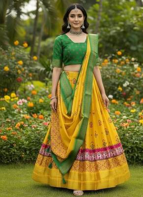 Mustard Yellow & Parrot Green Cotton Silk Lehenga Set with Traditional Print and Zari Weaving Border For Women's 2