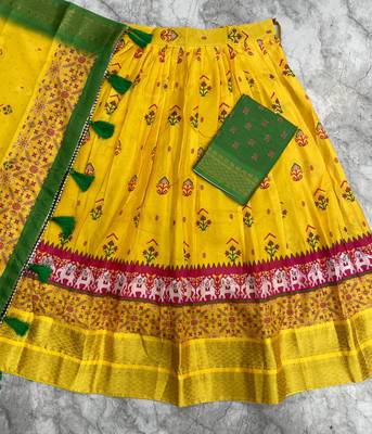 Mustard Yellow & Parrot Green Cotton Silk Lehenga Set with Traditional Print and Zari Weaving Border For Women's 3